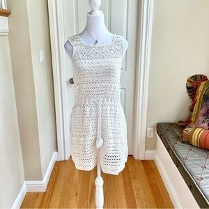 Joie Crochet Mini Dress in Ivory Cotton with Drawstring Waist with Tassels (M)